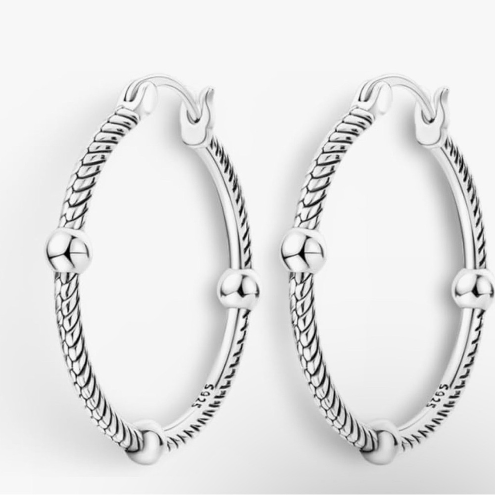 NWT 925 Sterling Silver Classic Three Ball‎ Snake Bone Hoop Earrings